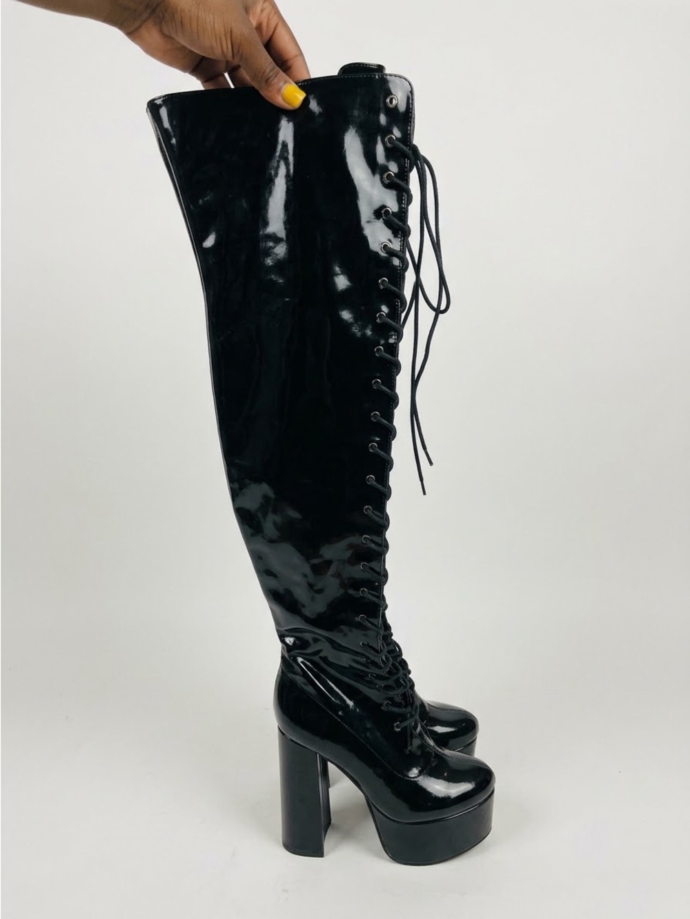 AKIRA Black Patent Lace-Up Platform Knee-High Boots